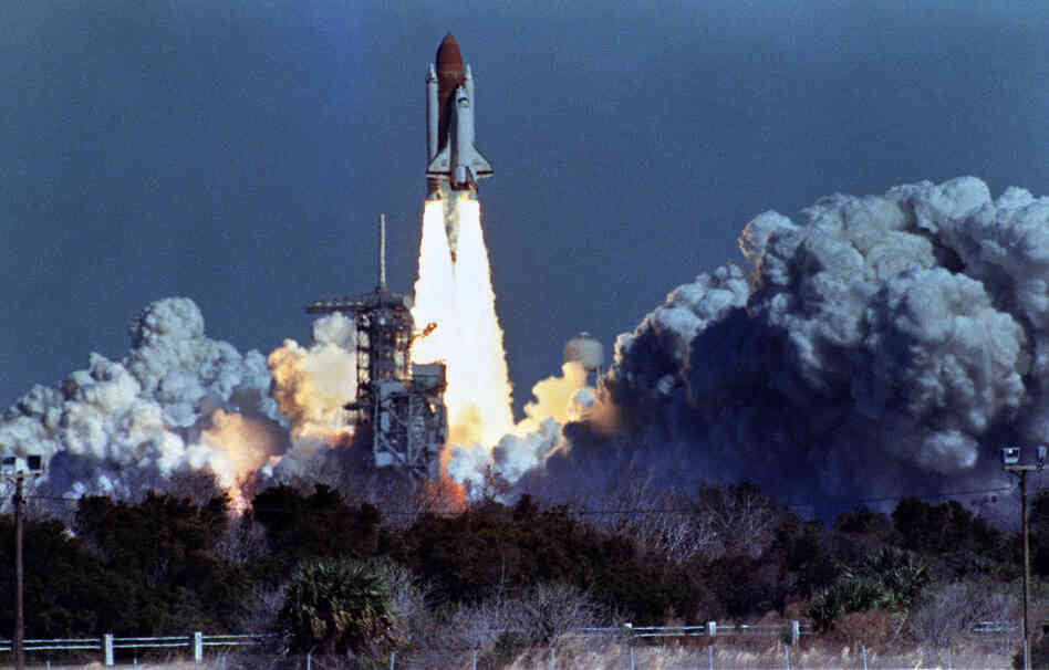 The space shuttle Challenger lifts off Jan. 28, 1986, from Kennedy Space Center. Seventy-two seconds later, at an altitude of 10 miles, the shuttle exploded, killing its crew of seven.