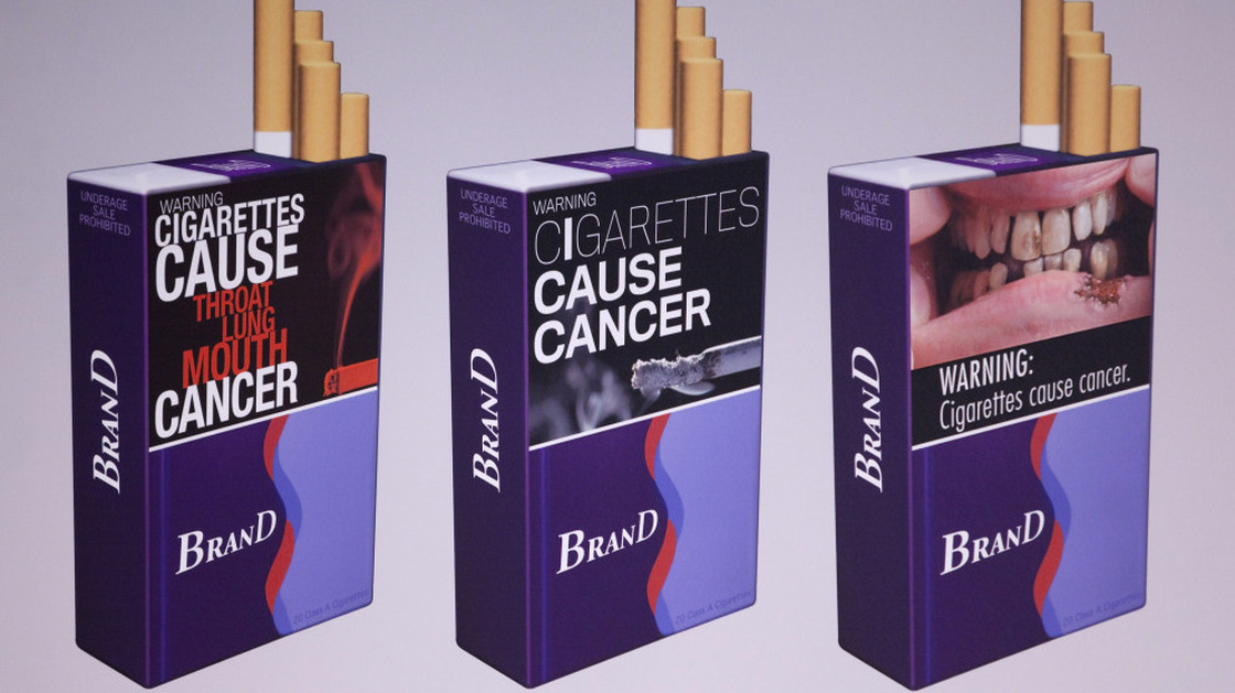 Three examples of proposed warning graphics that will appear on cigarette packaging as part of the government's new tobacco prevention efforts.
