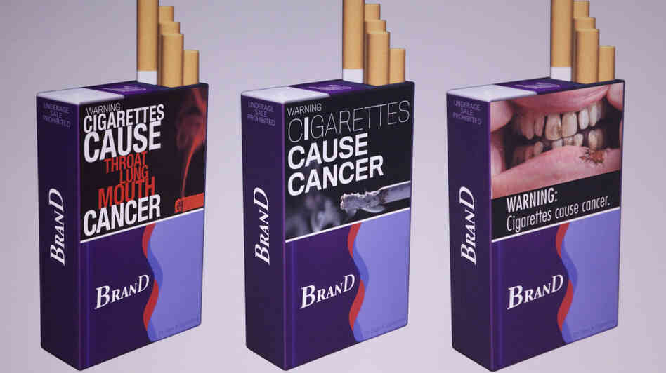Three examples of proposed warning graphics that will appear on cigarette packaging as part of the government's new tobacco prevention efforts.