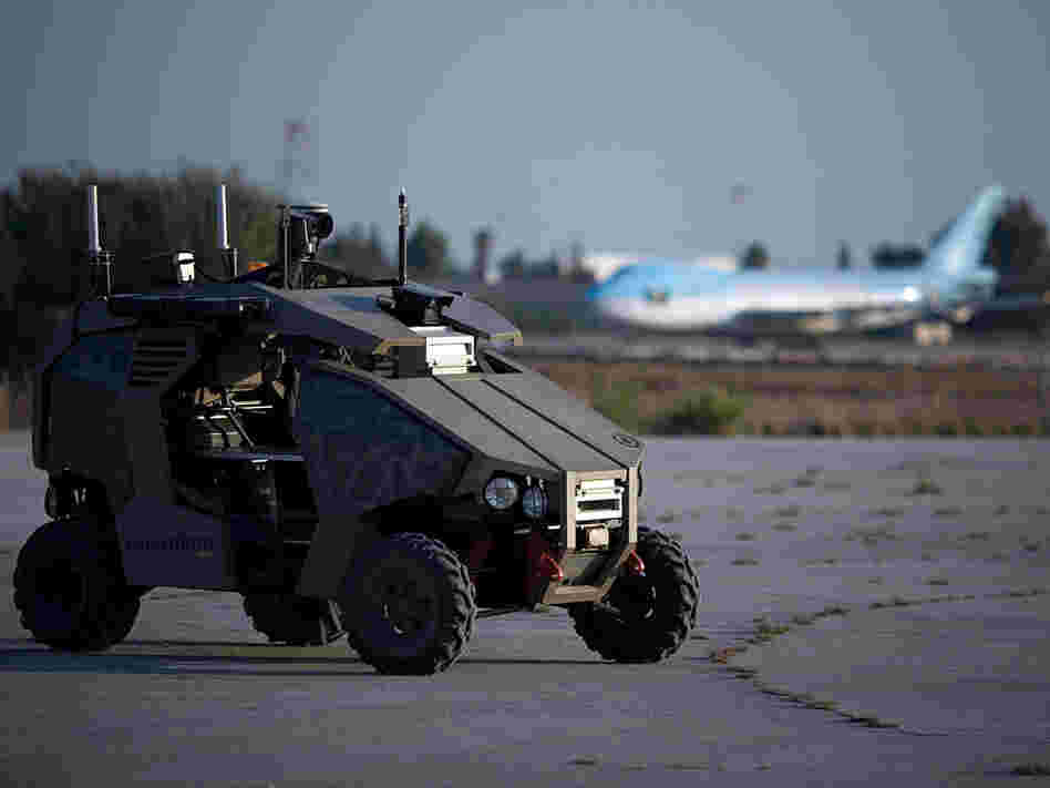 An unmanned vehicle helps secure the runway at Ben Gurion airport near Tel Aviv, Israel, on Nov. 2.