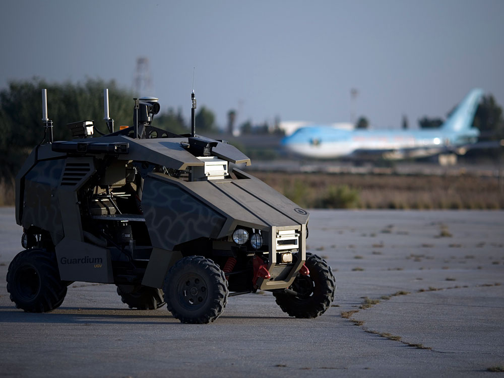 An unmanned vehicle helps secure the runway at Ben Gurion airport near Tel Aviv, Israel, on Nov. 2.