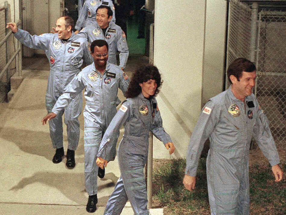 Ronald McNair (third in line) and his fellow Challenger astronauts head to the launch pad at Kennedy Space Center to board the space shuttle on Jan. 27, 1986.