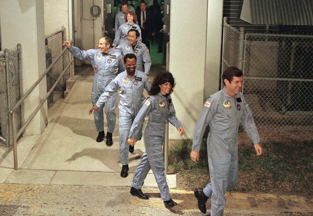 Ronald McNair (third in line) and his fellow Challenger astronauts head to the launch pad at Kennedy Space Center to board the space shuttle on Jan. 27, 1986.