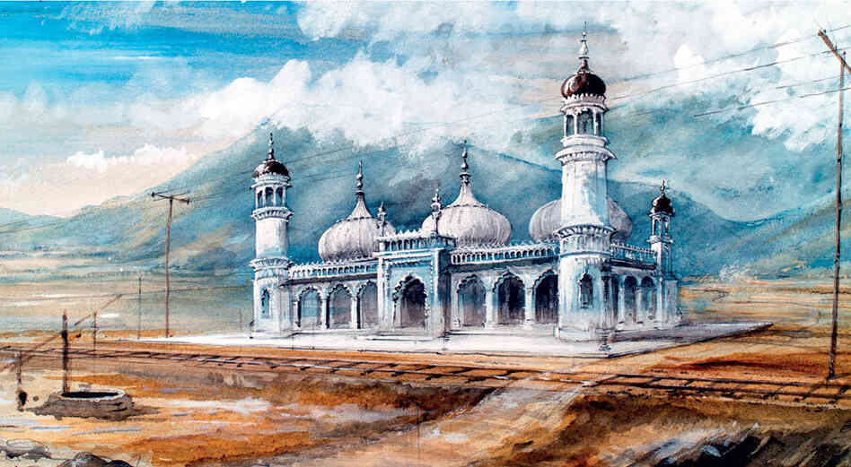 A sketch of the "ice palace" set in the 1965 film Dr. Zhivago. Filming took place in the middle of the summer in Soria, Spain. Production designer and illustrator John Box sprayed everything on the sets in hot white wax, and then splashed the wax with buckets of cold water to simulate frost and ice. 
