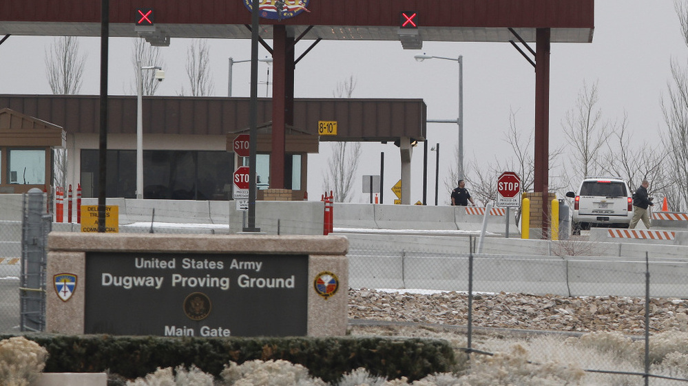 The main gate at Dugway Proving Ground in Utah.
