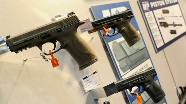 Handguns on display at a gun show in Las Vegas this month. (Getty Images)