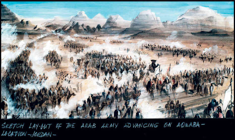 This sketch by production designer and illustrator John Box depicts the Arab army's advance on Aqaba in the 1962 film Lawrence of Arabia. With a budget of $12 million, all sets were built on location, not on studio lots. 