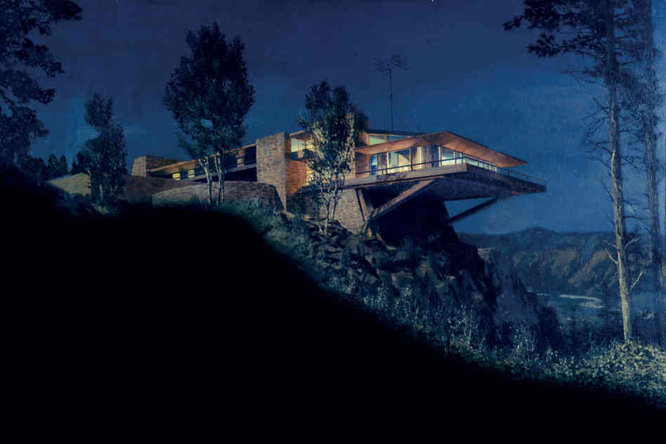 A matte painting by artist Matthew Yuricich depicts the Vandamm house in the 1959 suspense film North by Northwest. Production designer Robert F. Boyle took inspiration from Fallingwater, the residence designed by Frank Lloyd Wright. 