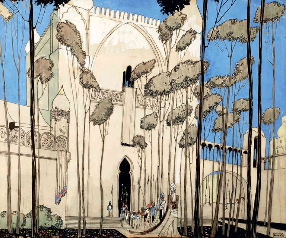 William Cameron Menzies, art director and illustrator for the 1924 film The Thief of Bagdad, began his career as an illustrator of children's books. He would go on to become the first credited "production designer" for his work on Gone with the Wind. Sketch by Pamela Lausen. 