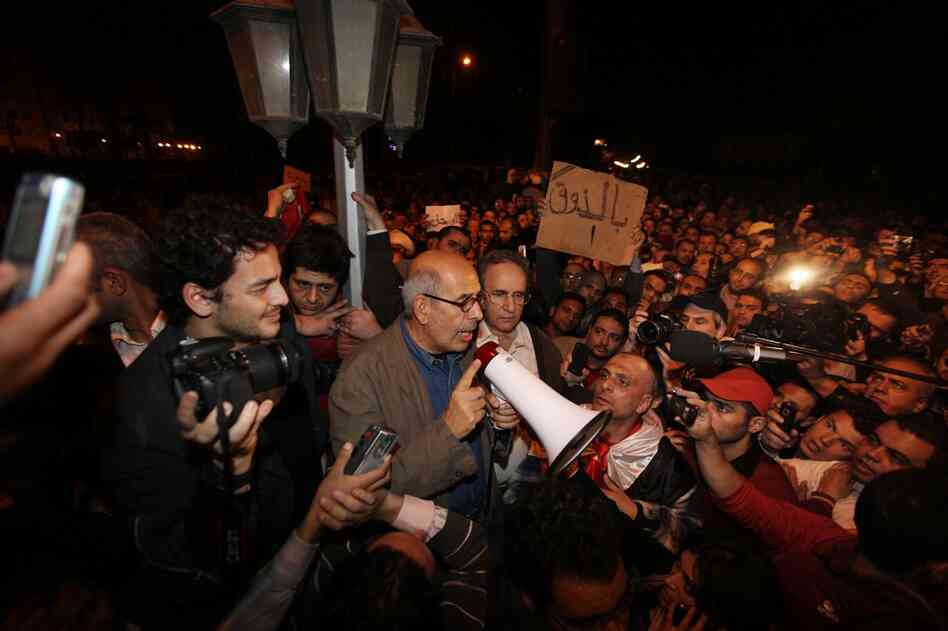 Nobel Peace laureate Mohamed ElBaradei, the former head of the International Atomic energy Agency, appeared at the protests in Cairo's Tahrir square around 7 p.m on Sunday. 