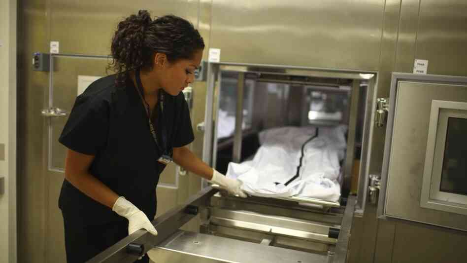 A morphology technician at   The New Mexico Office of the Medical Investigator stores one of the bodies that is autopsied there. The office was created by the state legislature in 1972 replacing the county coroner system.