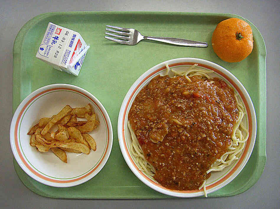 Japan, 2006. Milk, orange, spaghetti with meat sauce and fried potatoes. 