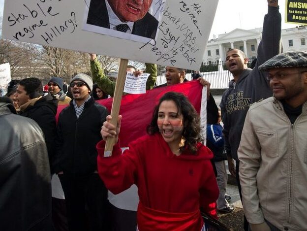 Americans demonstrate in support of the Egyptian people's protests against President Hosni Mubarak in front of the White House on Saturday.