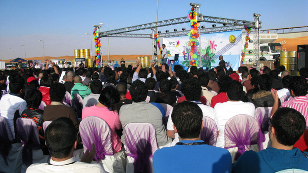 A comedy show, with government approval, takes place 80 miles outside Riyadh, the capital of Saudi Arabia.