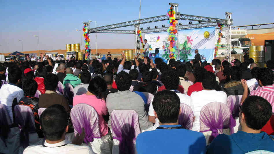 A comedy show, with government approval, takes place 80 miles outside Riyadh, the capital of Saudi Arabia.