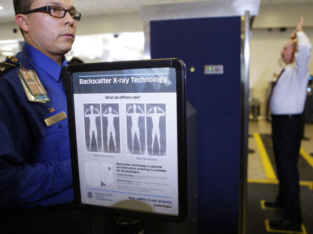 TSA screener Marlon Tejada at a full body X-ray scanner demonstration at Los Angeles International airport in November, 2010.