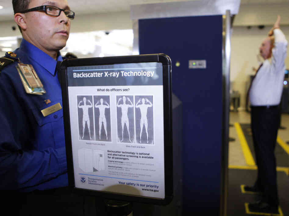 TSA screener Marlon Tejada at a full body X-ray scanner demonstration at Los Angeles International airport in November, 2010.