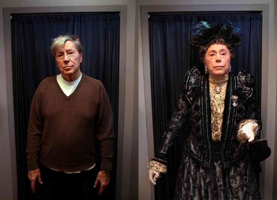 Before and after: It's taken a little over an hour, but Bedford is now ready to go onstage as Lady Bracknell, whom another character describes as "a Gorgon ... without being a myth."