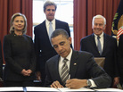 President Obama signs the New START Treaty, Wednesday, Feb. 2, 2011 as Secretary of State Hillary Rodham Clinton, Sen. John Kerry (D-MA) and Sen. Richard Lugar (R-IN) watch. President Obama signs the New START Treaty, Wednesday, Feb. 2, 2011 as Secretary of State Hillary Rodham Clinton, Sen. John Kerry (D-MA) and Sen. Richard Lugar (R-IN) watch.