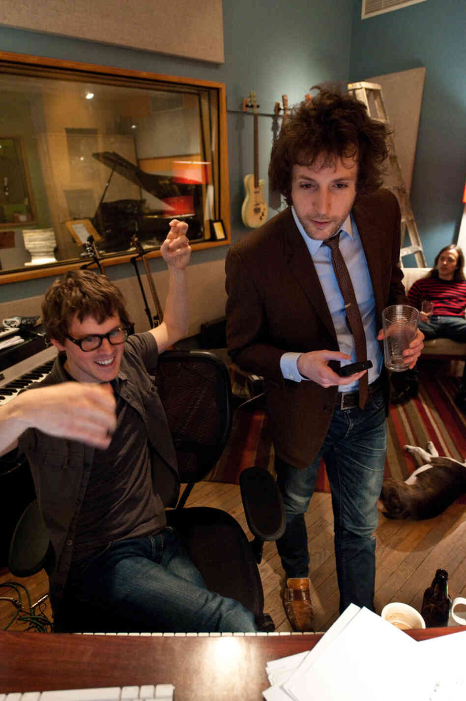 Son Lux (Ryan Lott) in the studio with Rob Moose (standing in foreground) and CJ Camerieri (seated in back). Moose and Camerieri are co-founders of yMusic. Son Lux (Ryan Lott) in the studio with Rob Moose (standing in foreground) and CJ Camerieri (seated in back). Moose and Camerieri are co-founders of yMusic.