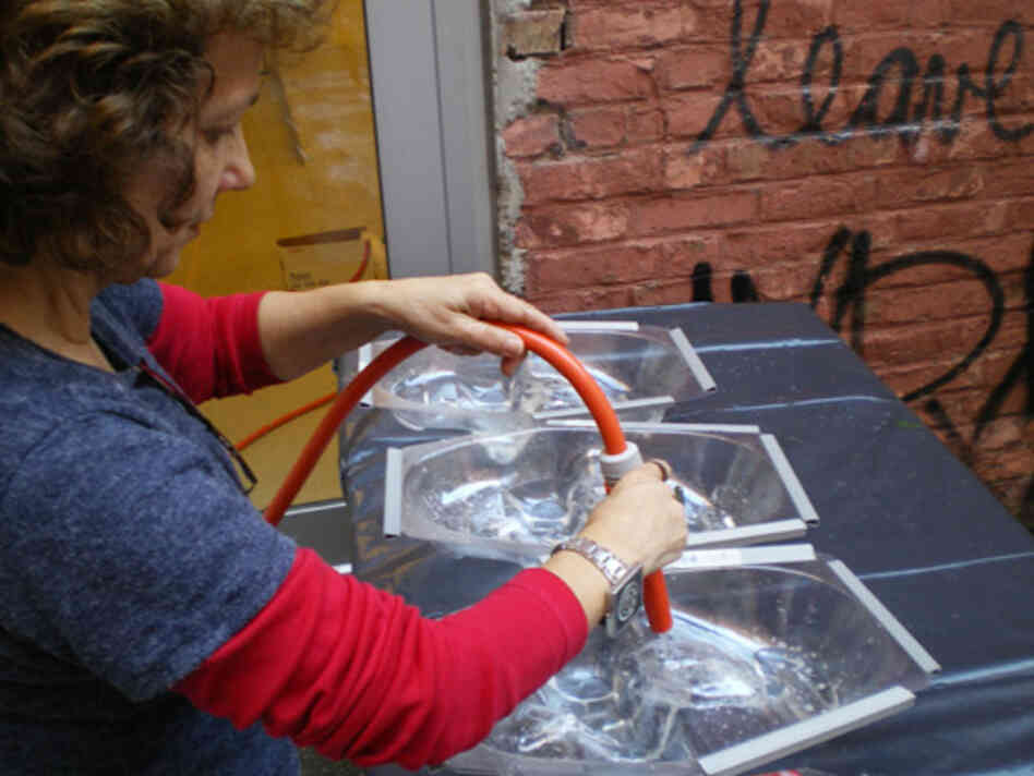 The sculptures are made from water poured into molds and then frozen. They are individually retouched before packing.
