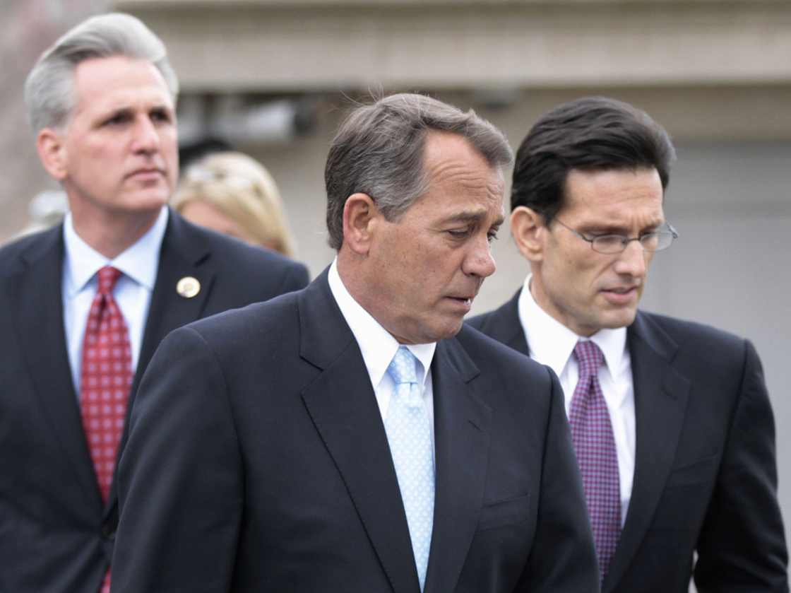 House Speaker John Boehner (R-OH) , center, with Majority Leader Eric Cantor (R-VA), right, and Majority Whip Kevin McCarthy (R-CA), Feb. 9, 2011.