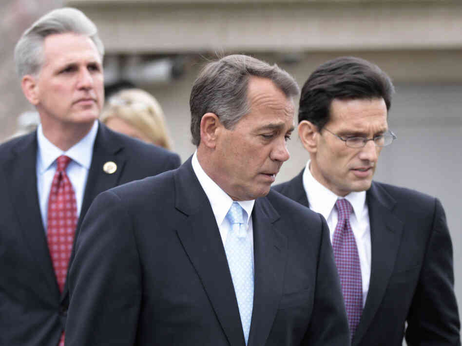 House Speaker John Boehner (R-OH) , center, with Majority Leader Eric Cantor (R-VA), right, and Majority Whip Kevin McCarthy (R-CA), Feb. 9, 2011.