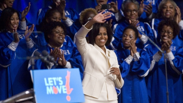 Michelle Obama gives a talk at the North Point Community Church in Alpharetta, Ga., on Wednesday about her "Let's Move!" campaign.