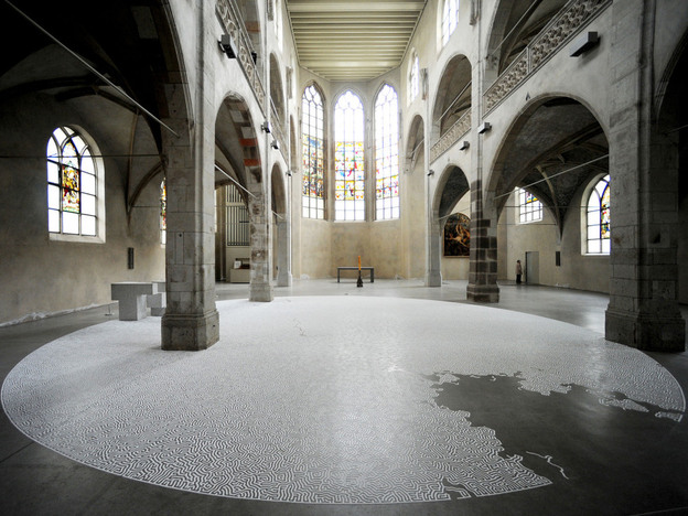 Another of Motio Yamamoto's salt labyrinths in the Kunst-Station at the Jesuit Church of St Peter in Cologne, Germany.  After the exhibit closed, Yamamoto invited visitors to return the labyrinth's salt back to the sea.