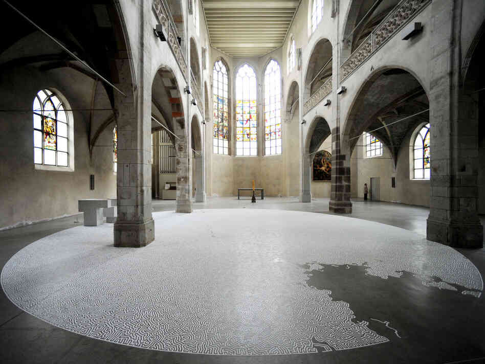 Another of Motio Yamamoto's salt labyrinths in the Kunst-Station at the Jesuit Church of St Peter in Cologne, Germany.  After the exhibit closed, Yamamoto invited visitors to return the labyrinth's salt back to the sea.
