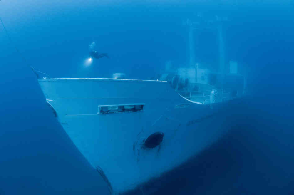 A day after the General Hoyt S. Vandenberg was sunk, a diver descended to inspect the ship, which landed perfectly upright. A day after the General Hoyt S. Vandenberg was sunk, a diver descended to inspect the ship, which landed perfectly upright.