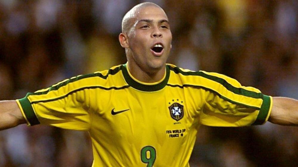 Brazilian forward Ronaldo celebrated after scoring his second goal during the 1998 Soccer World Cup second round match between Brazil and Chile.