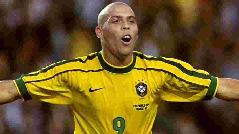 Brazilian forward Ronaldo celebrated after scoring his second goal during the 1998 Soccer World Cup second round match between Brazil and Chile.