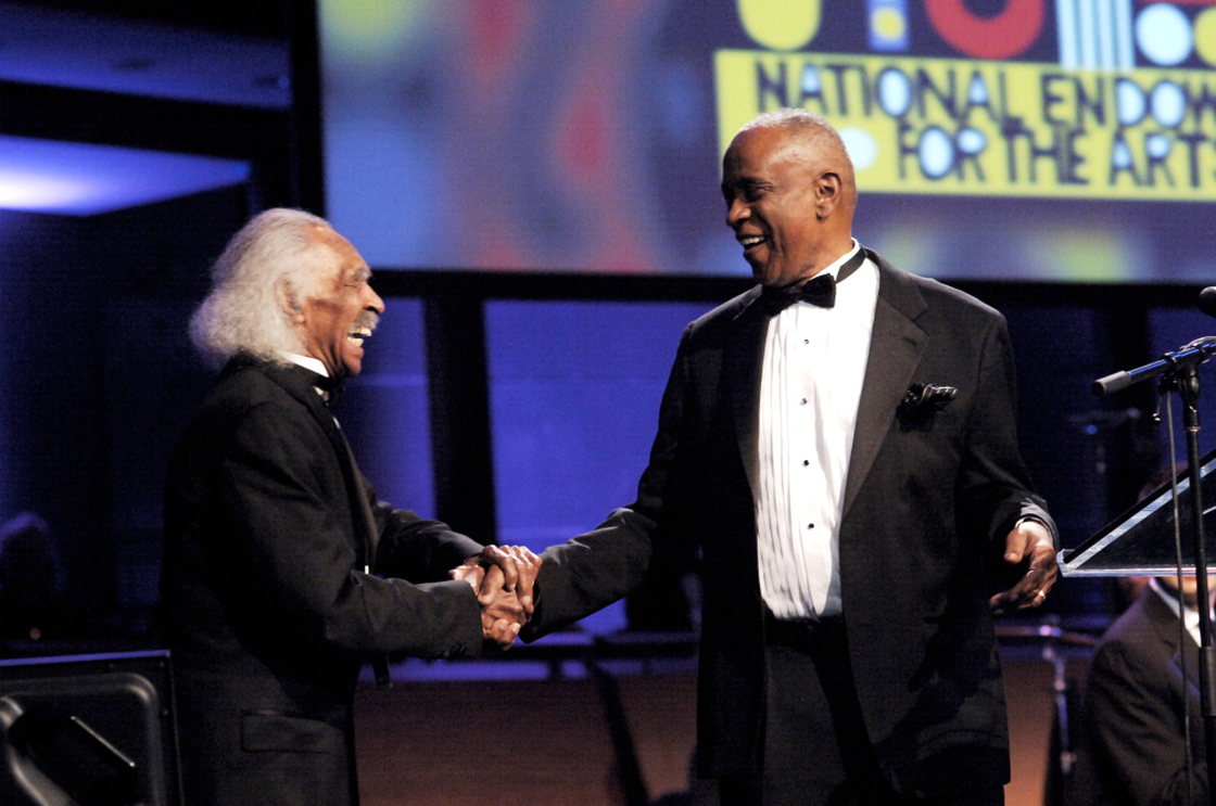 Gerald Wilson (left) presents Bobby Hutcherson with his NEA Jazz Masters award in 2010.
