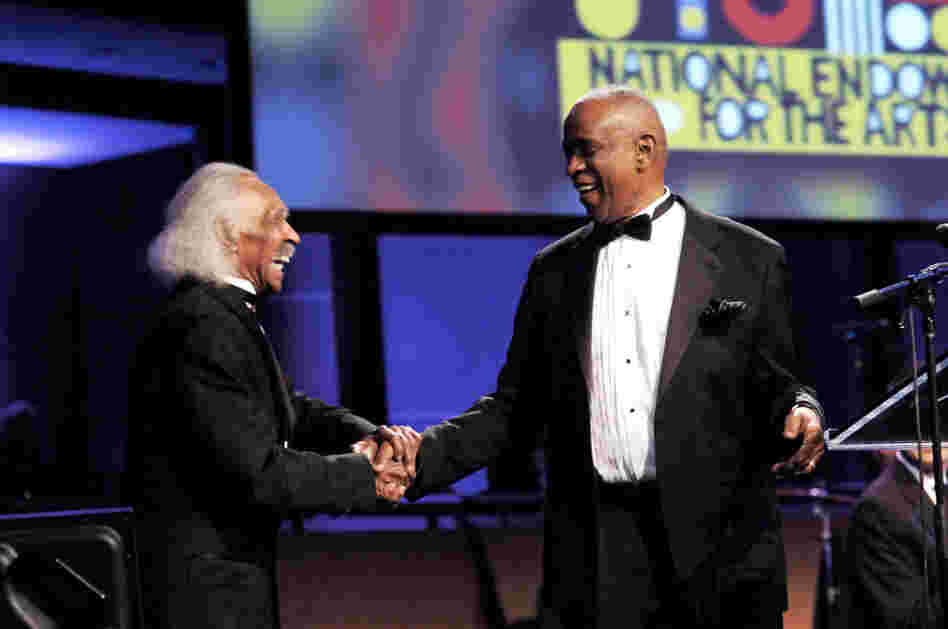 Gerald Wilson (left) presents Bobby Hutcherson with his NEA Jazz Masters award in 2010.