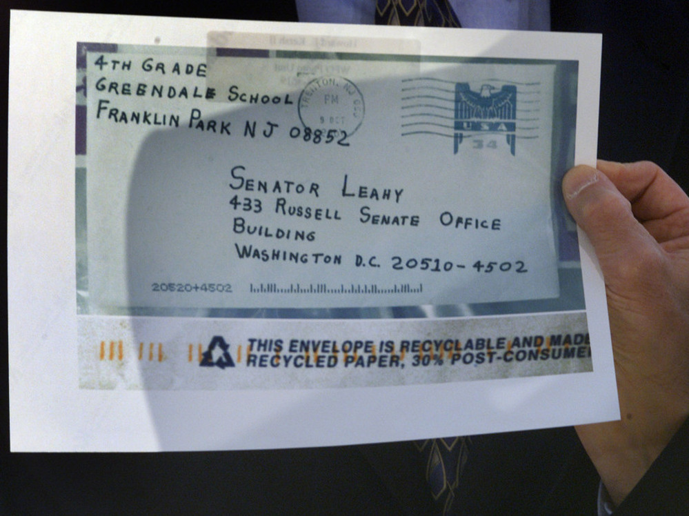 The Justice Department released photos on Oct. 16, 2001, of envelopes that contained anthrax, including this one sent to Sen. Leahy