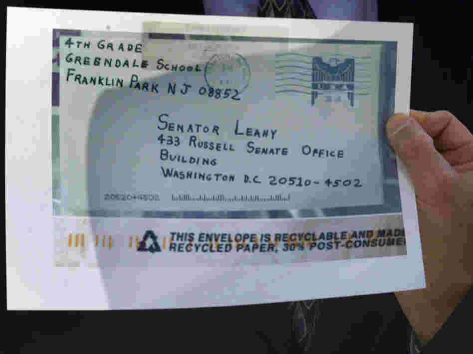 The Justice Department released photos on Oct. 16, 2001, of envelopes that contained anthrax, including this one sent to Sen. Leahy