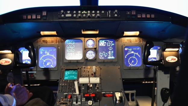 A simulated Canadair Regional Jet flight deck at Embry-Riddle Aeronautical University in Daytona Beach, Fla.