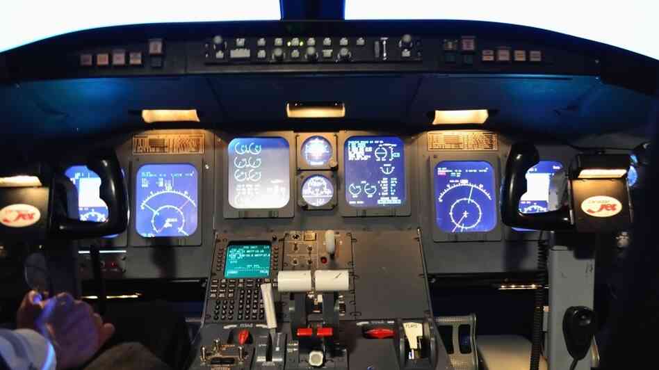 A simulated Canadair Regional Jet flight deck at Embry-Riddle Aeronautical University in Daytona Beach, Fla.