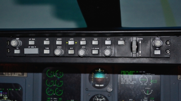 The mode control panel of an airplane, shown here on a simulated Canadair Regional Jet flight deck at Embry-Riddle Aeronautical University in Daytona Beach, Fla., is used by the pilot to set automated flight control systems.
