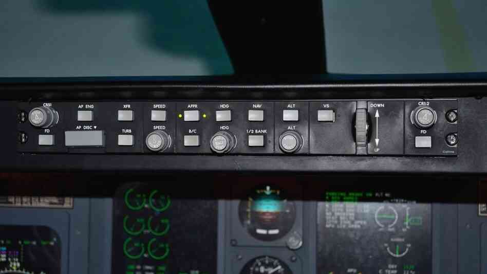 The mode control panel of an airplane, shown here on a simulated Canadair Regional Jet flight deck at Embry-Riddle Aeronautical University in Daytona Beach, Fla., is used by the pilot to set automated flight control systems.