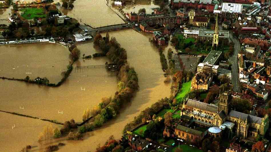 An aerial view of the flooded town of Worcester in central England after the River Severn burst its banks on Nov. 2, 2000. Rain swept across Britain in the country's most widespread flooding in 50 years. An aerial view of the flooded town of Worcester in central England after the River Severn burst its banks on Nov. 2, 2000. Rain swept across Britain in the country's most widespread flooding in 50 years.