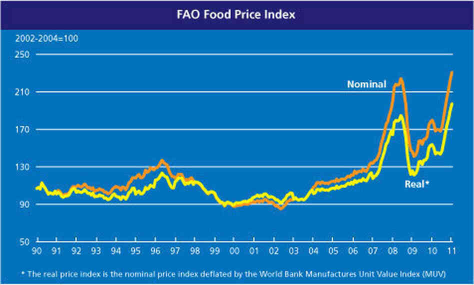 A graph from the U.N. Food and Agriculture Organization depicting the rising cost of food. A graph from the U.N. Food and Agriculture Organization depicting the rising cost of food.