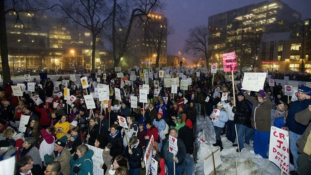 The scene outside the State Capitol in Madison last night. Protesters are back there today.