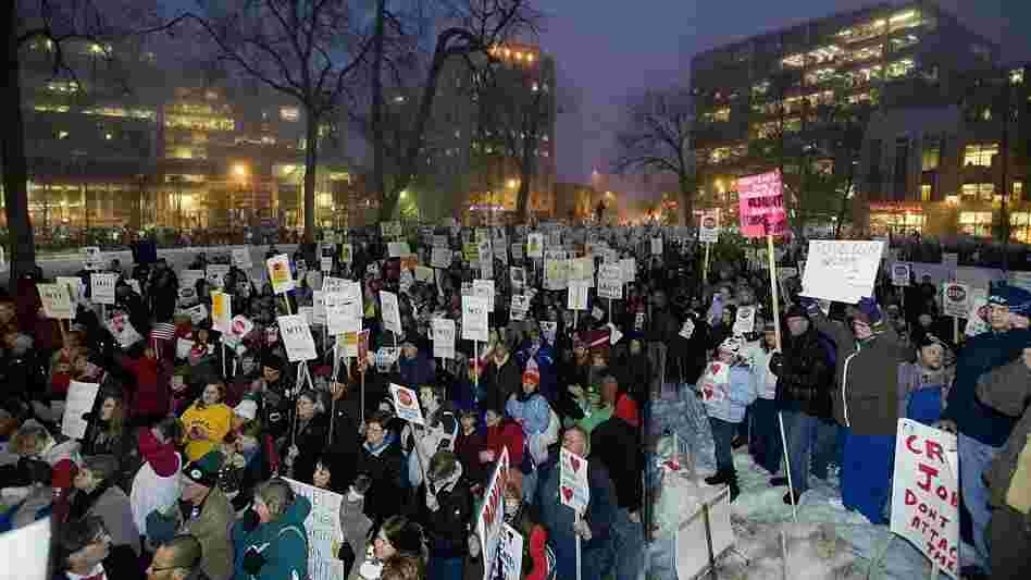 The scene outside the State Capitol in Madison last night. Protesters are back there today.