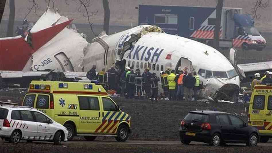 The wreckage of a Turkish Airlines aircraft after it slammed into a field while attempting to land at Amsterdam's Schiphol Airport. The NTSB found that the Boeing 737's automatic throttles were getting the wrong altitude information and the flight's first officer pushed the automation buttons in the wrong order. The wreckage of a Turkish Airlines aircraft after it slammed into a field while attempting to land at Amsterdam's Schiphol Airport. The NTSB found that the Boeing 737's automatic throttles were getting the wrong altitude information and the flight's first officer pushed the automation buttons in the wrong order.