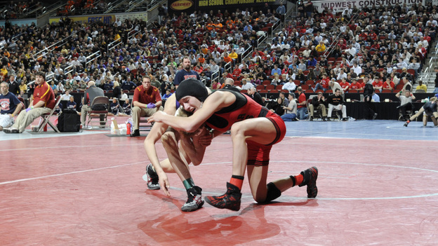 Cedar Falls' Cassy Herkelman, right, wrestles with Indianola's Matt Victor in a Class 3A 112 pound quarterfinal match.