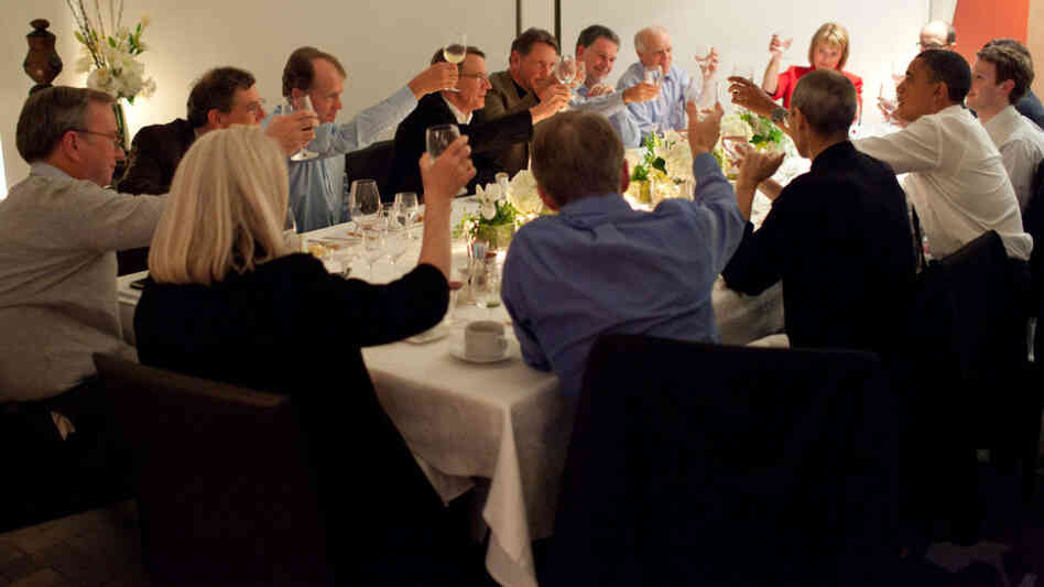 President Obama joins in a toast with Technology Business Leaders at a dinner in Woodside, California, Feb. 17, 2011. Apple's Steve Jobs is to the president's left. Facebook's Mark Zuckerberg is to the president's right.