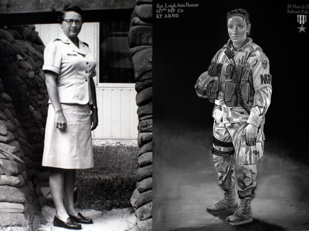 Left: Brig. Gen. Wilma Vaught during her time serving in Vietnam; when she joined the military, she received training on how to put on makeup — but not how to fire a weapon. Right: An illustrated poster of Sgt. Leigh Ann Hester, the first woman since World War II to receive the Silver Star for valor. Both women are profiled in this series.