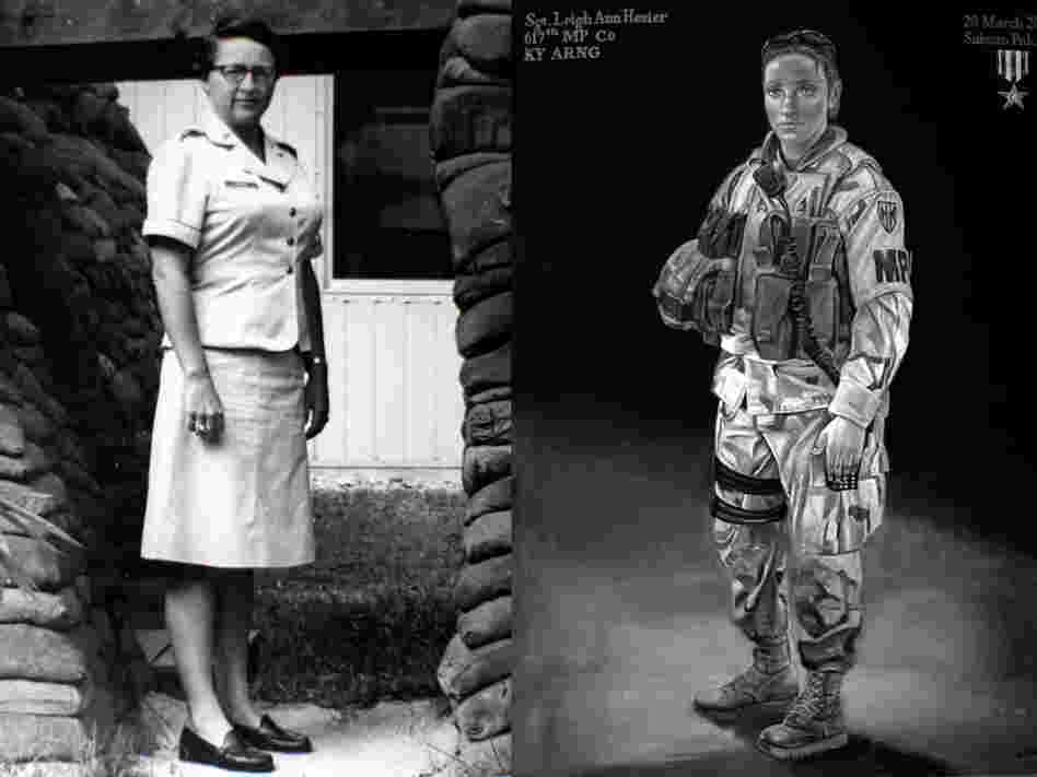 Left: Brig. Gen. Wilma Vaught during her time serving in Vietnam; when she joined the military, she received training on how to put on makeup — but not how to fire a weapon. Right: An illustrated poster of Sgt. Leigh Ann Hester, the first woman since World War II to receive the Silver Star for valor. Both women are profiled in this series.